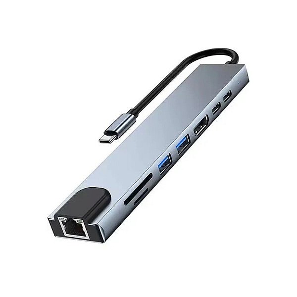 Hub USB-C 8 Em 1 USB/ USB-C/ HDMI/ SD/ TF/ RJ45 1000MBPS - Cinza