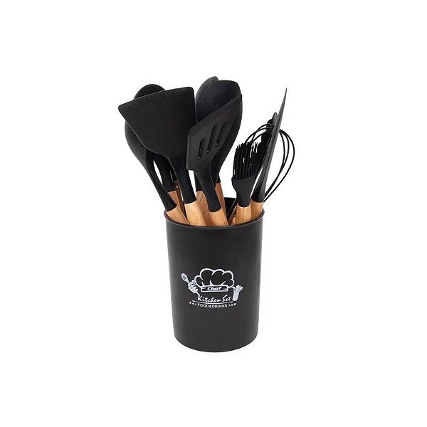 Jogo de Utensílios de Cozinha de Silicone com 12 Peças Preto