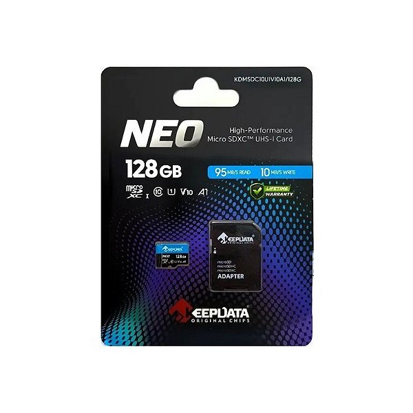 Cartão de Memória Micro SD de 128GB Keepdata Neo KDMSDC10U1V10A1/128G - Azul/Preto