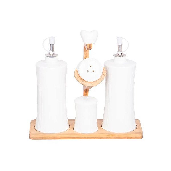 Conjunto de Condimenteiro de Cerâmica com 4 Peças + Suporte