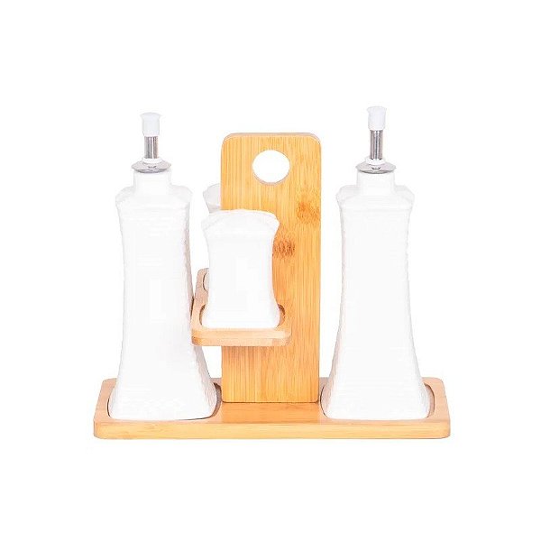 Kit de Condimentos de Cerâmica 4 Peças com Suporte de Bambu