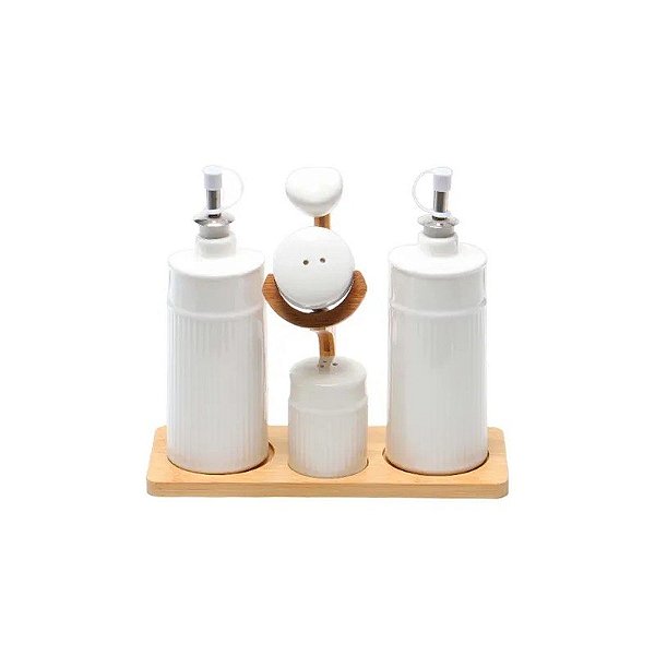 Conjunto de Condimenteiro de Cerâmica com 4 Peças + Suporte de Bambu