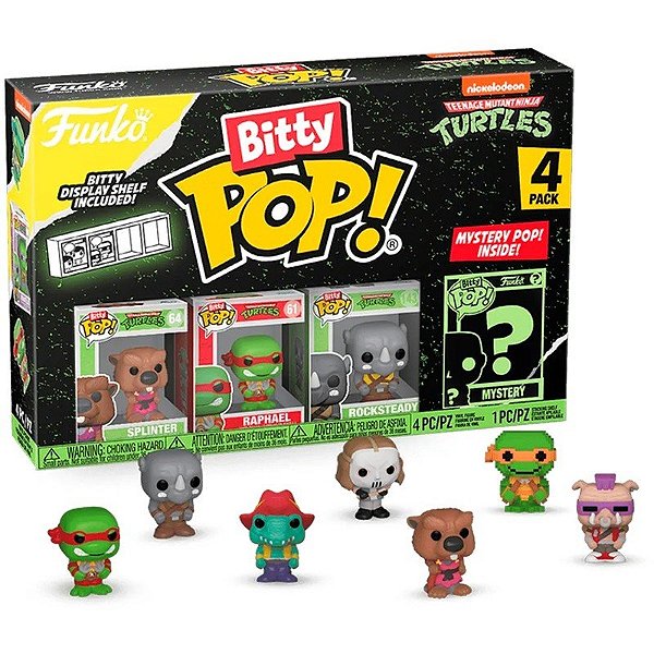 Boneco Splinter/ Raphael/ Rocksteady - Tartarugas Ninja - Funko Bitty POP! 4 Peças