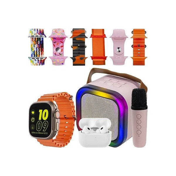 Kit Relógio K15 Combo 49 MM com Bluetooth + Fone de Ouvido Sem Fio + Caixa de Som com Microfone - Rosa