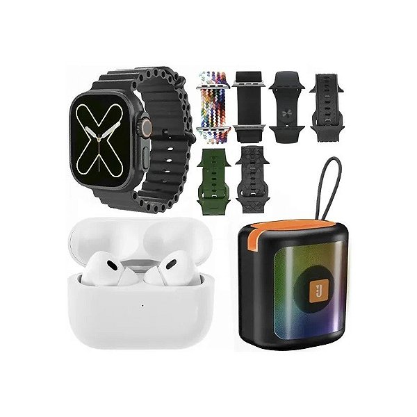 Kit Relógio K28 Combo 49 mm com Bluetooth + Fone de Ouvido Sem Fio + Caixa de Som Preto