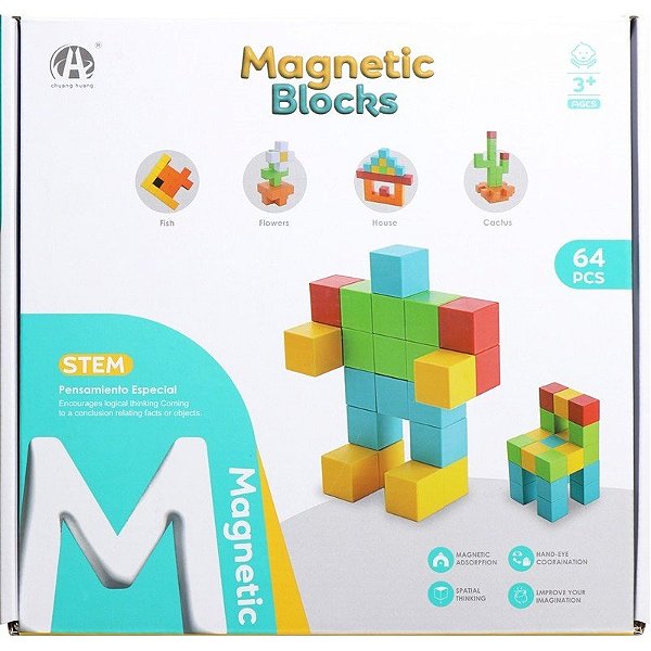 Jogo de Cubos Magnéticos de Construção Magnetic Blocks Chuang Huang - CH1233 (64 peças)