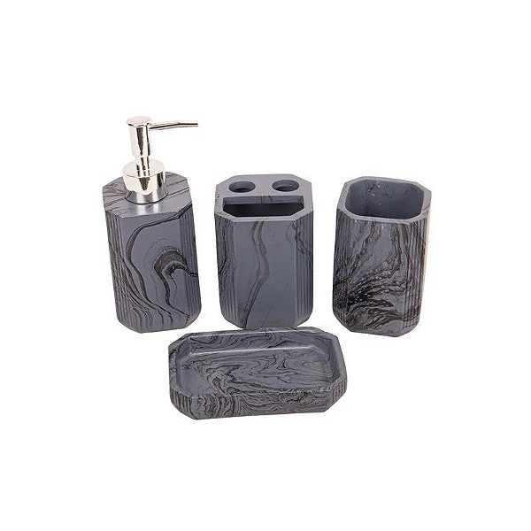 Kit Banheiro Porcelana Cinza Marmorizado 4 Peças