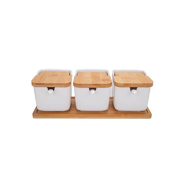 Pote de Porcelana com Tampa de Bambu 10cm x 8cm com Tampa