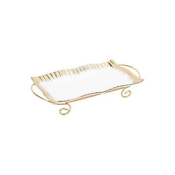 Bandeja de Porcelana com Suporte Metálico - Branca com Detalhes Dourados