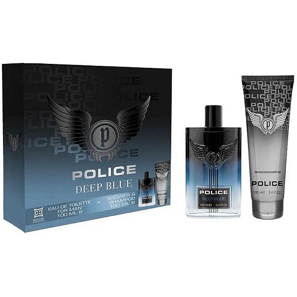 Kit Perfume Police Deep Blue EDT 100mL + Shampoo & Banho 100mL - Masculino