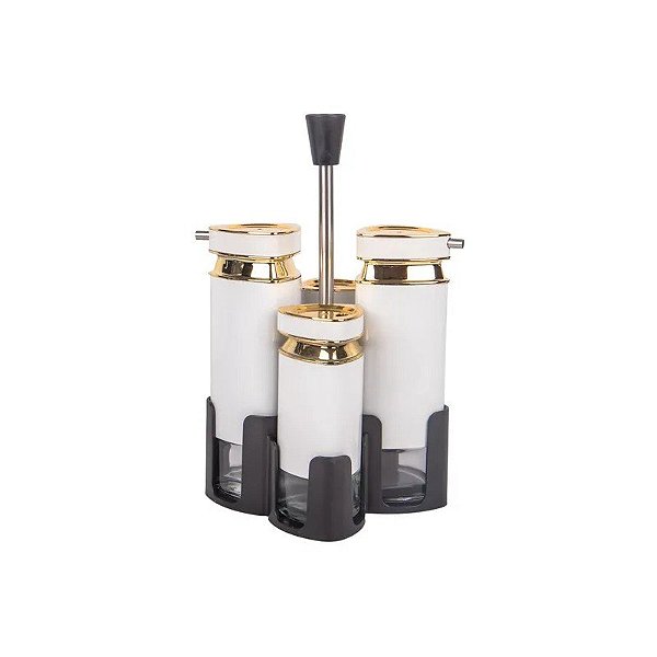 Porta Tempero Giratório Condimento Inox Branco Redondo 4 Peças