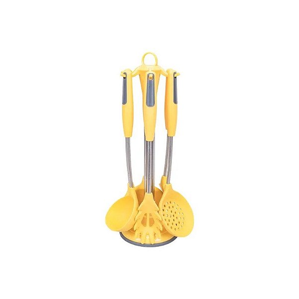 Conjunto de Utensílios com Suporte Giratório Amarelo