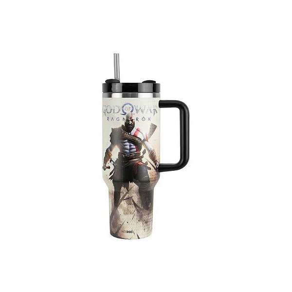 Copo Térmico Weedoo God of War - 1,2L - com Canudo - Branco e Preto