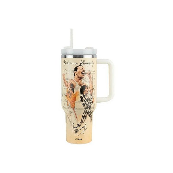 Copo Térmico Weedoo Queen - 1.2L - com Canudo - Freddie Mercury Bege e Vermelho