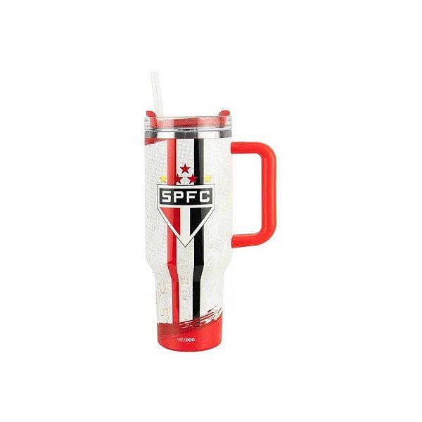 Copo Térmico Weedow São Paulo - 1,2L - com Canudo - Branco e Vermelho