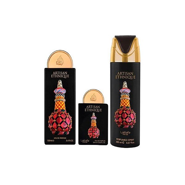 Kit Lattafa Pride Artisan Ethnique - 3 Em 1 - Perfume EDP 100ML + Perfume EDP 20ML + Desodorante 200ML