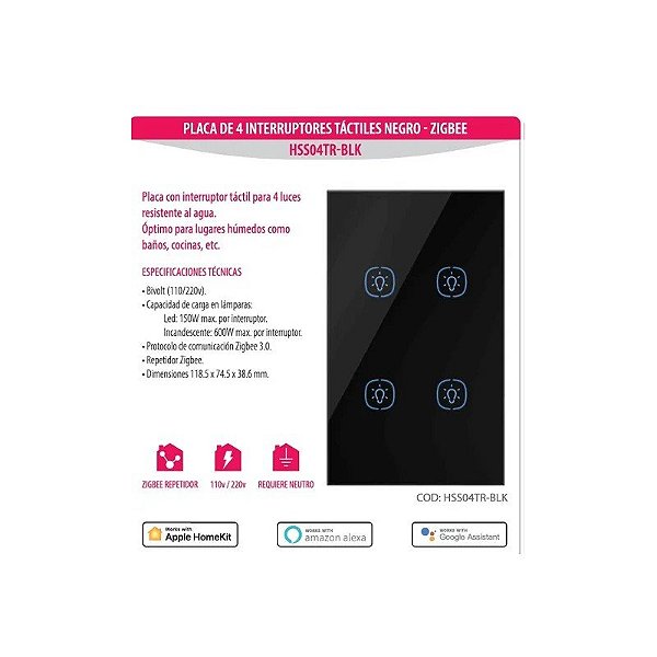 Interruptor Touch Zigbee Homie Esp 4 Vias Interno HSS04TR-BLK Preto