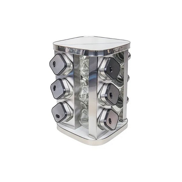 Condimentador Giratório de Inox com 12 Frascos de Vidro