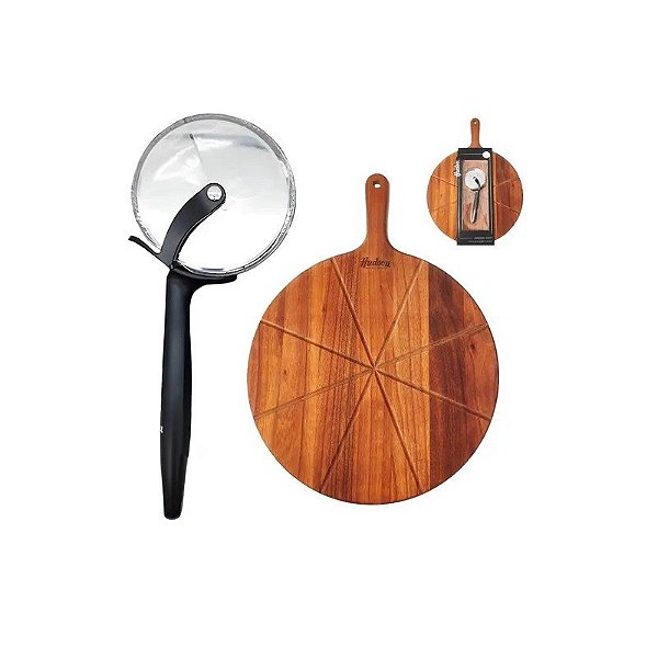 Conjunto Hudson Tábua de Pizza de Madeira + Cortador de Aço Inoxidável