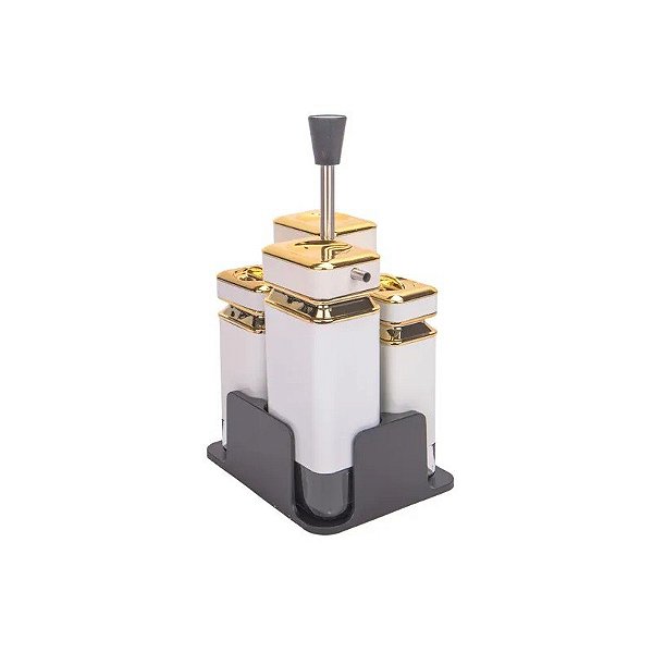 Kit de Tempero Giro Condimento Inox Branco Quadrado 4 Peças