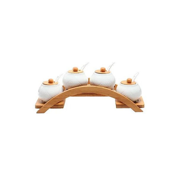 Conjunto de Potes de Cerâmica com Colher – 4 Peças 6X8 CM + Suporte