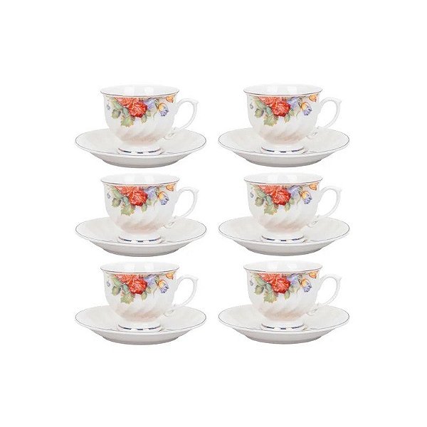 Jogo de Chá de Porcelana 12 Peças (6 Xícaras/Pires) Flores