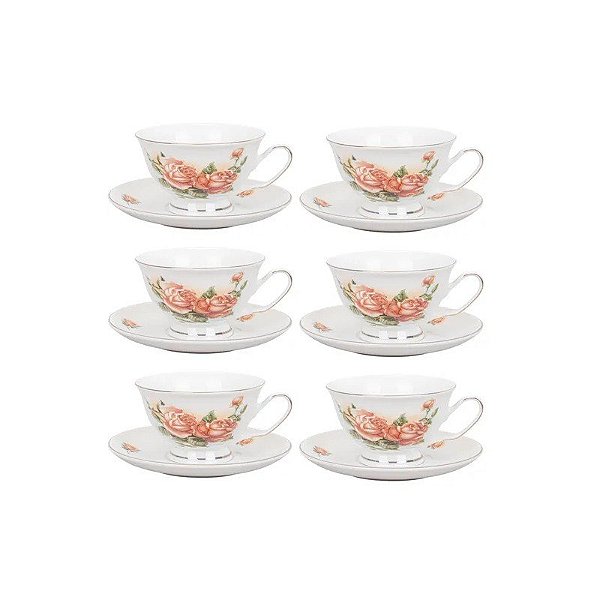 Jogo de Chá de Porcelana 12 Peças (6 Xícaras/Pires) Flores