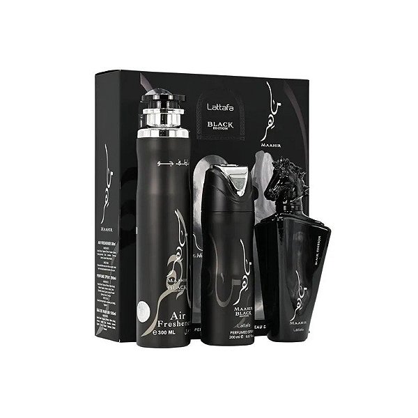 Kit Lattafa Maahir Black Edition - Água de Perfume - Unissex - 3 Em 1 - 300ML + 200ML + 100ML