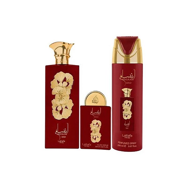 Kit Perfume Lattafa Pride Ansaam Gold 3 Em 1 - Perfume Eau de Parfum 100ML + Perfume Eau de Parfum 20ML + Desodorante 200ML