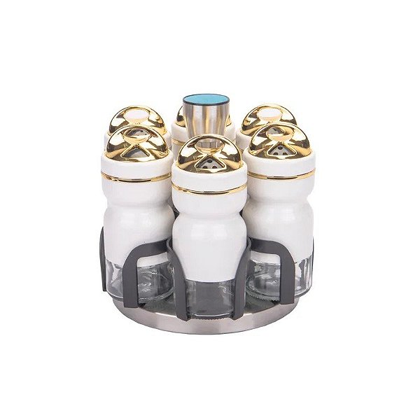 Porta Tempero Giratório Condimento 6 Peças Inox Branco Redondo