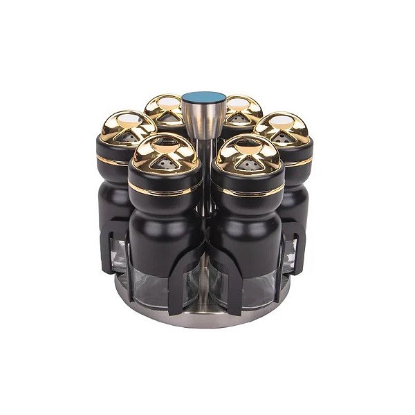 Suporte Giratório para Temperos 6 Peças Inox Preto Redondo