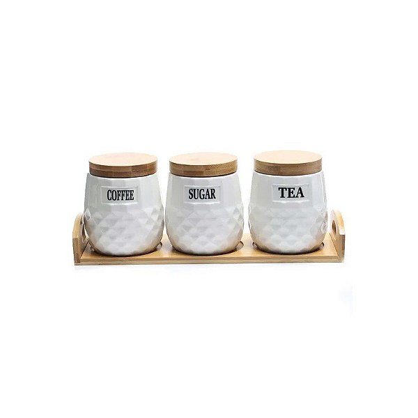 Conjunto de Potes de Cerâmica com Tampa e Base de Bambu 3 Peças 12x10 CM