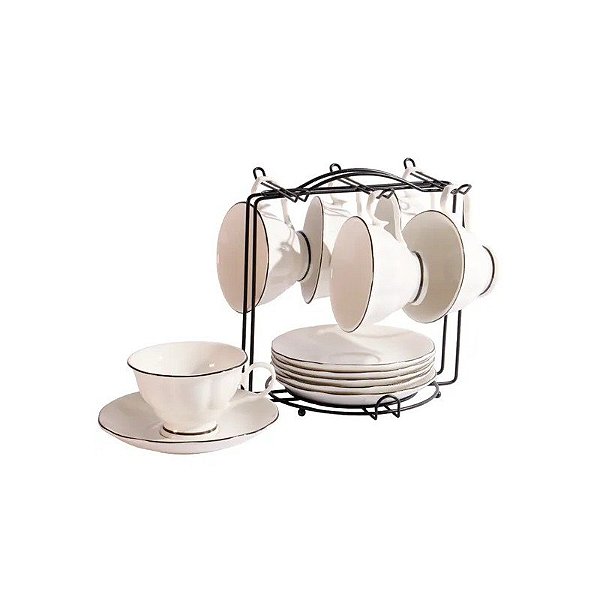 Conjunto de 6 Xícaras e Pires com Suporte para Café ou Chá