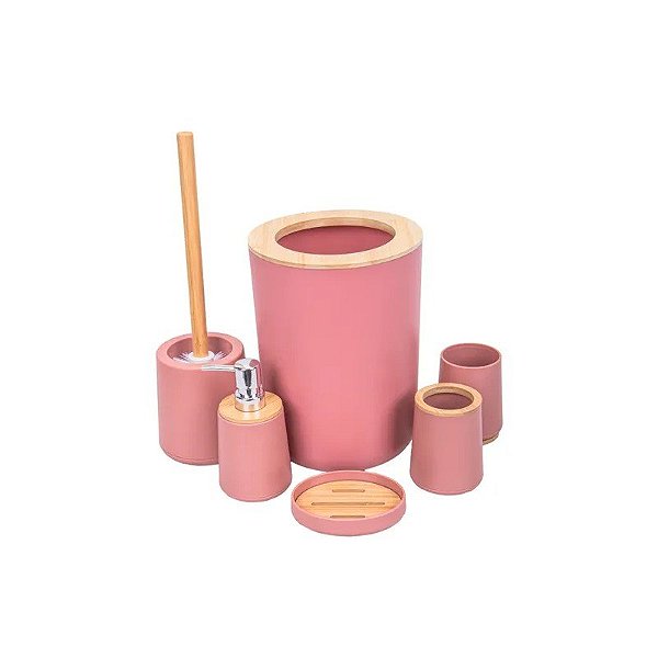 Jogo de Banho Plástico com Bambu 6 Peças - Salmão