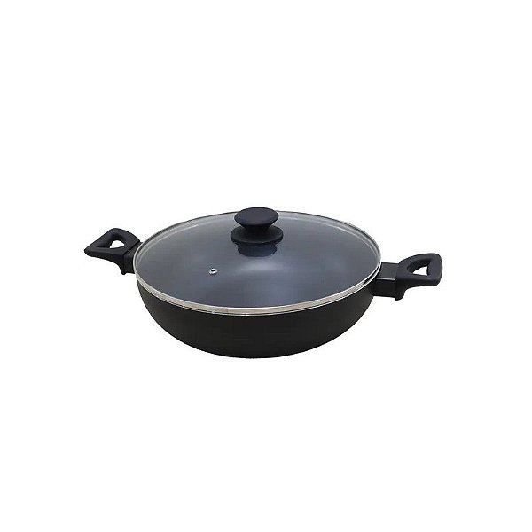 Wok com Tampa de Vidro Alumínio com Teflon Preto 30 cm x 8 cm
