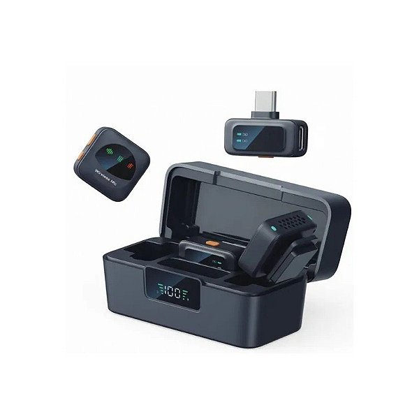 Microfone Sem Fio Via Satélite A-MK205 Tipo C + Lightning - Preto