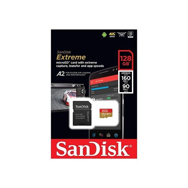 Cartão MicroSD 128GB SanDisk Extreme 160MB/s 4K SDSQXA1-128G-GN 6MA U3 V30