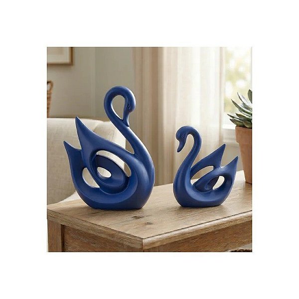 Estátua Decorativa de Cisnes de Resina Azul