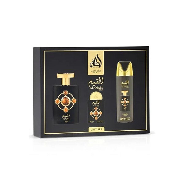 Kit de Perfume Lattafa Pride Al Qiam Gold Edp 100ml + Spray 200ml + Miniatura 20ml - Masculino