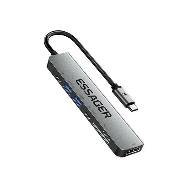 Hub Essager EHBO7-Qhog-Z 7 em 1 HDMI/USB-C 4K 30Hz - Cinza Escuro