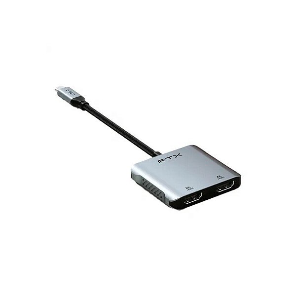 Adaptador USB-C FTX 4 Em 1, CT-CM2H8K-Ag, 2XHDMI 4K/8K, 1XUSB-C 100W, 1XUSB-A 2.0, Cinza