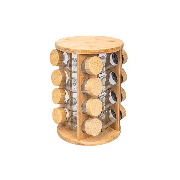 Porta Temperos Giratório de Bambu com 16 Potes de Vidro