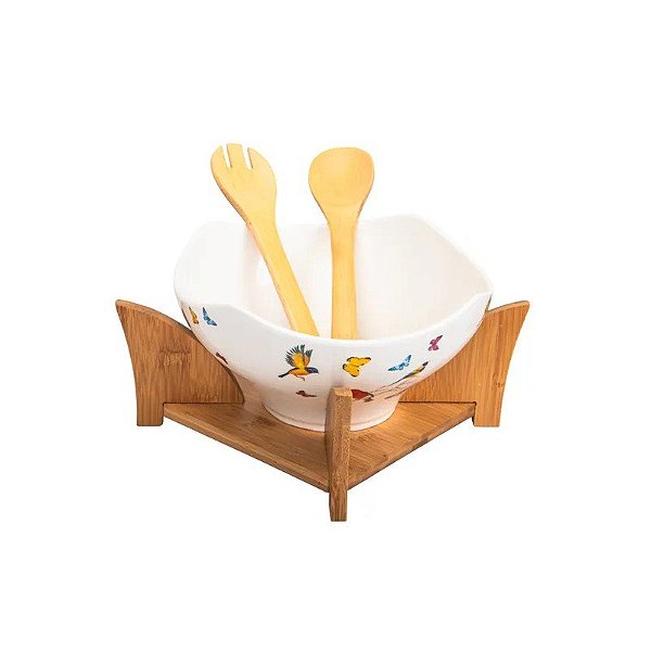 Tigela de Porcelana com Suporte de Madeira e Palitos de Bambu