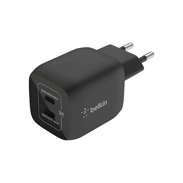 Carregador Duplo de Parede Belkin WCH011VFBK 45W USB-C GaN PPS 20/25W - Preto