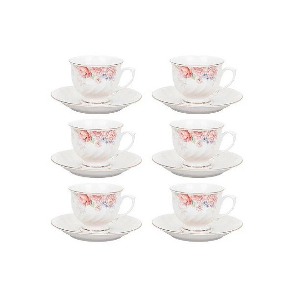 Jogo de Chá em Porcelana 12 Peças (6 Xícaras/Pires) Flores