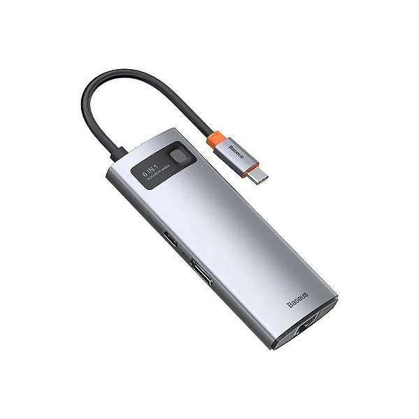 Hub USB-C 6 Em 1 Baseus CAHUB-CW0G 3 USB-A 3.0 + HDMI 4K + USB-C PD + RJ45 - Cinza