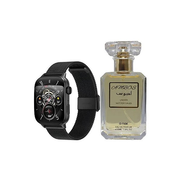 Kit Relógio Inteligente G-Tide S6 Pro Coleção Perfume - Bluetooth - Pulseiras Extras - Preto + Perfume Ambos - Eau de Parfum - Unissex - 30ML