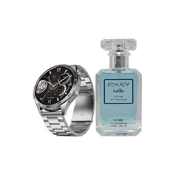 Kit Smartwatch G-Tide Power Perfume Collection - Bluetooth - À Prova D'Água - Prata + Perfume Taka - Eau de Parfum - Masculino - 30ML