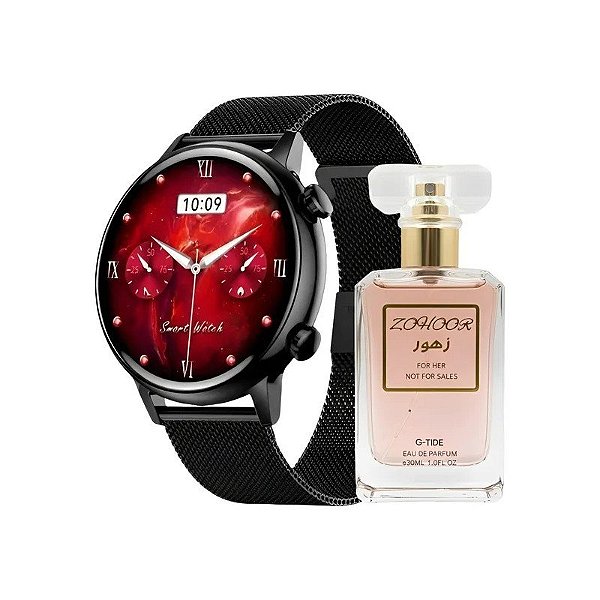 Kit Relógio Smartwatch G-Tide Lady Time Romance - Preto + Perfume Zohoor Edp - 30ML