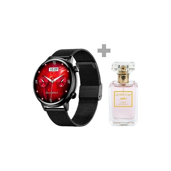 Kit Relógio G-Tide Romance Lady Time com Bluetooth - Preto + Perfume Zohoor 30 ML